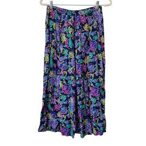 Vintage 90s Lombardi Floral Pleated Midi Skirt Size 10 Navy Purple Deadstock NEW